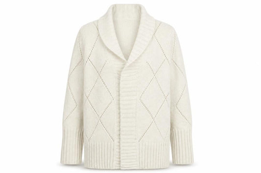 Jeff Banks Studio Women Ivory L Open Shawl Collar Argyle Knit Cardigan