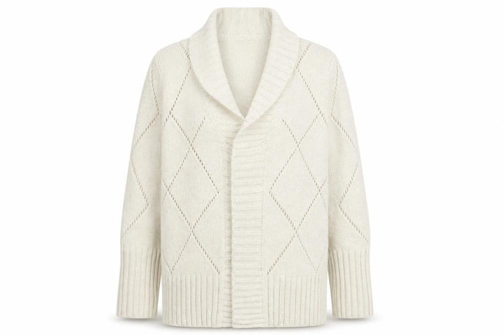 Jeff Banks Studio Women Ivory L Open Shawl Collar Argyle Knit Cardigan