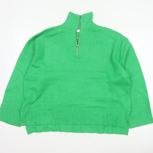 Zara Women Green L High Neck 1/2 Zip Knit Pullover Jumper