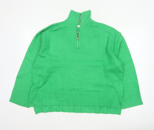 Zara Women Green L High Neck 1/2 Zip Knit Pullover Jumper