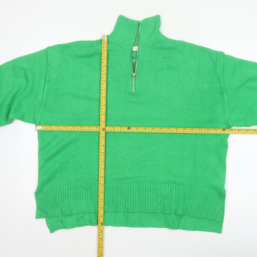 Zara Women Green L High Neck 1/2 Zip Knit Pullover Jumper