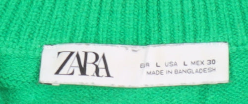 Zara Women Green L High Neck 1/2 Zip Knit Pullover Jumper