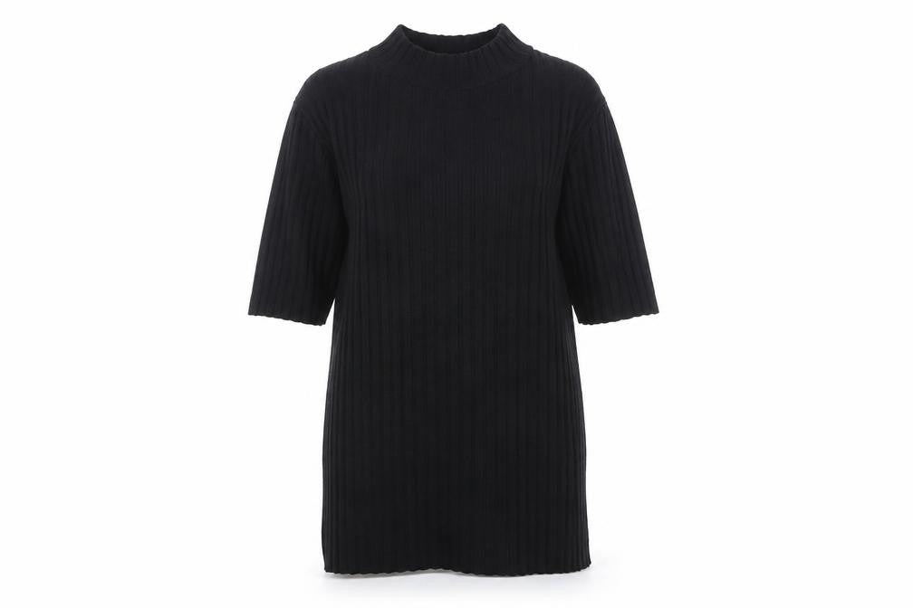 Reiss Women Black M Ribbed Knit Mock Neck Tunic Jumper