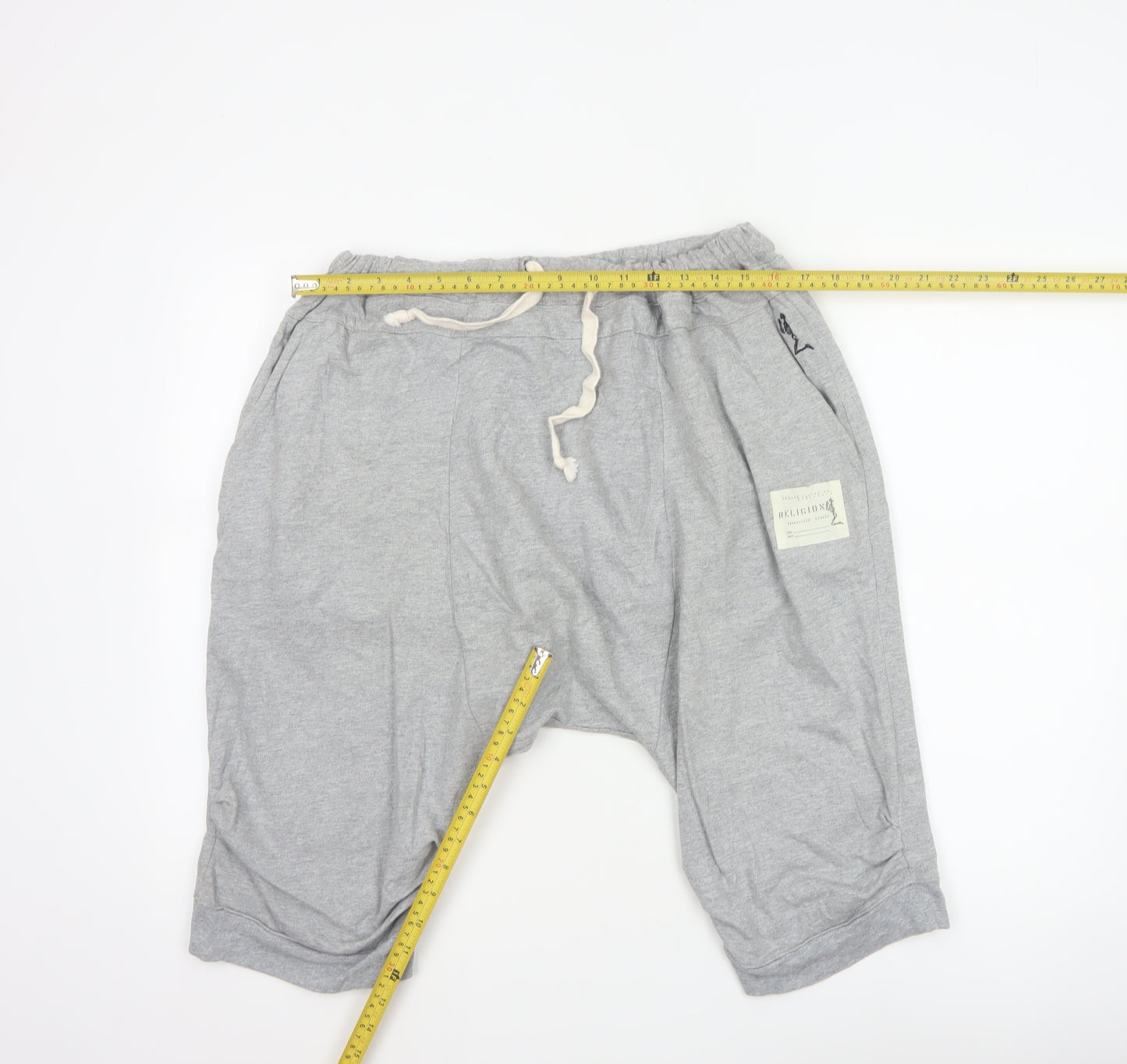 Religion Men's Grey L Sweat Shorts Drawstring Cotton Logo Pockets