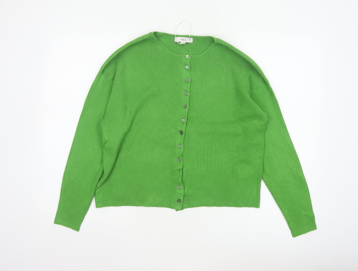 Marks & Spencer Women Green Size 10 Rib Knit Button Cardigan
