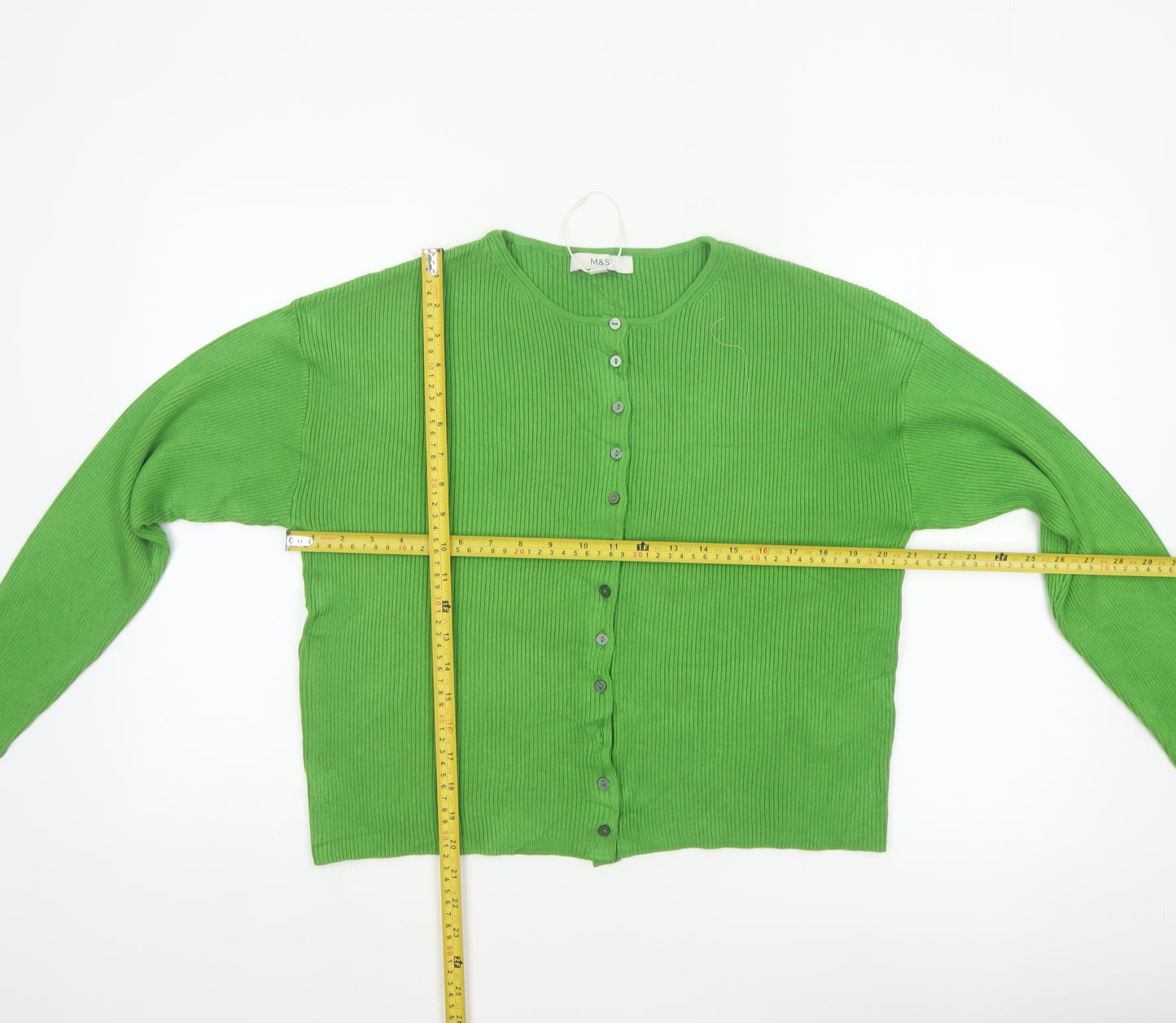 Marks & Spencer Women Green Size 10 Rib Knit Button Cardigan