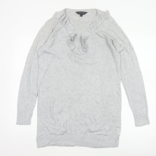 Dorothy Perkins Women Grey UK 10 Ruffle V-Neck Longline Knit Jumper