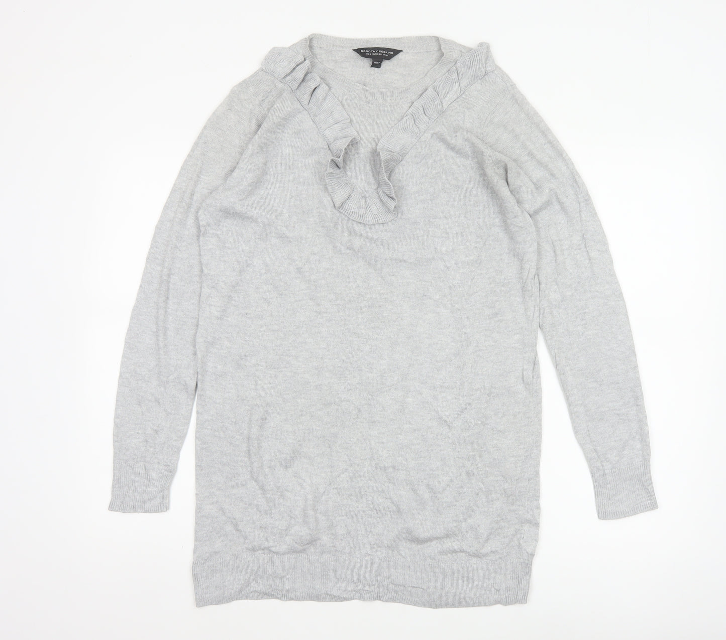 Dorothy Perkins Women Grey UK 10 Ruffle V-Neck Longline Knit Jumper
