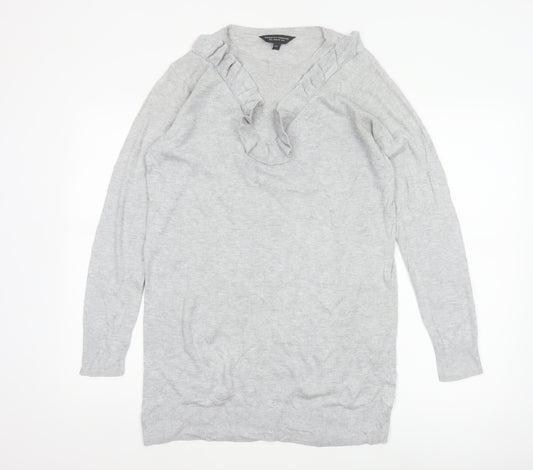 Dorothy Perkins Women Grey UK 10 Ruffle V-Neck Longline Knit Jumper