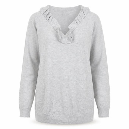Dorothy Perkins Women Grey UK 10 Ruffle V-Neck Longline Knit Jumper