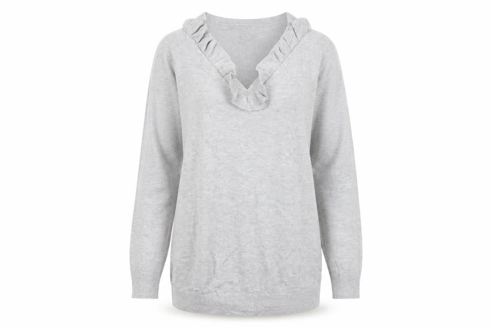 Dorothy Perkins Women Grey UK 10 Ruffle V-Neck Longline Knit Jumper