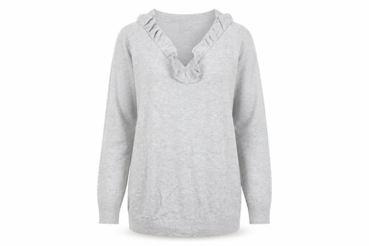Dorothy Perkins Women Grey UK 10 Ruffle V-Neck Longline Knit Jumper