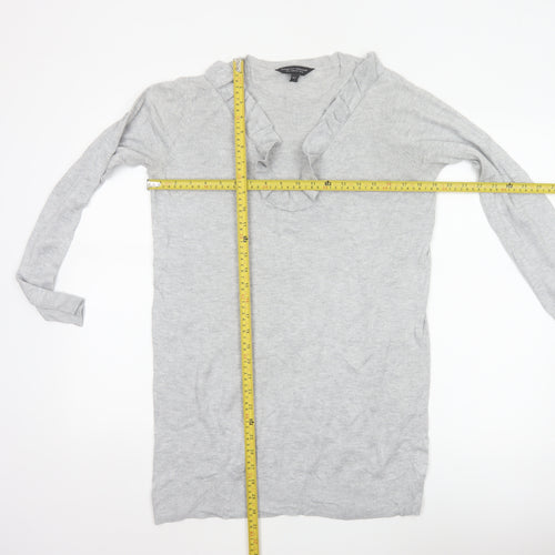 Dorothy Perkins Women Grey UK 10 Ruffle V-Neck Longline Knit Jumper