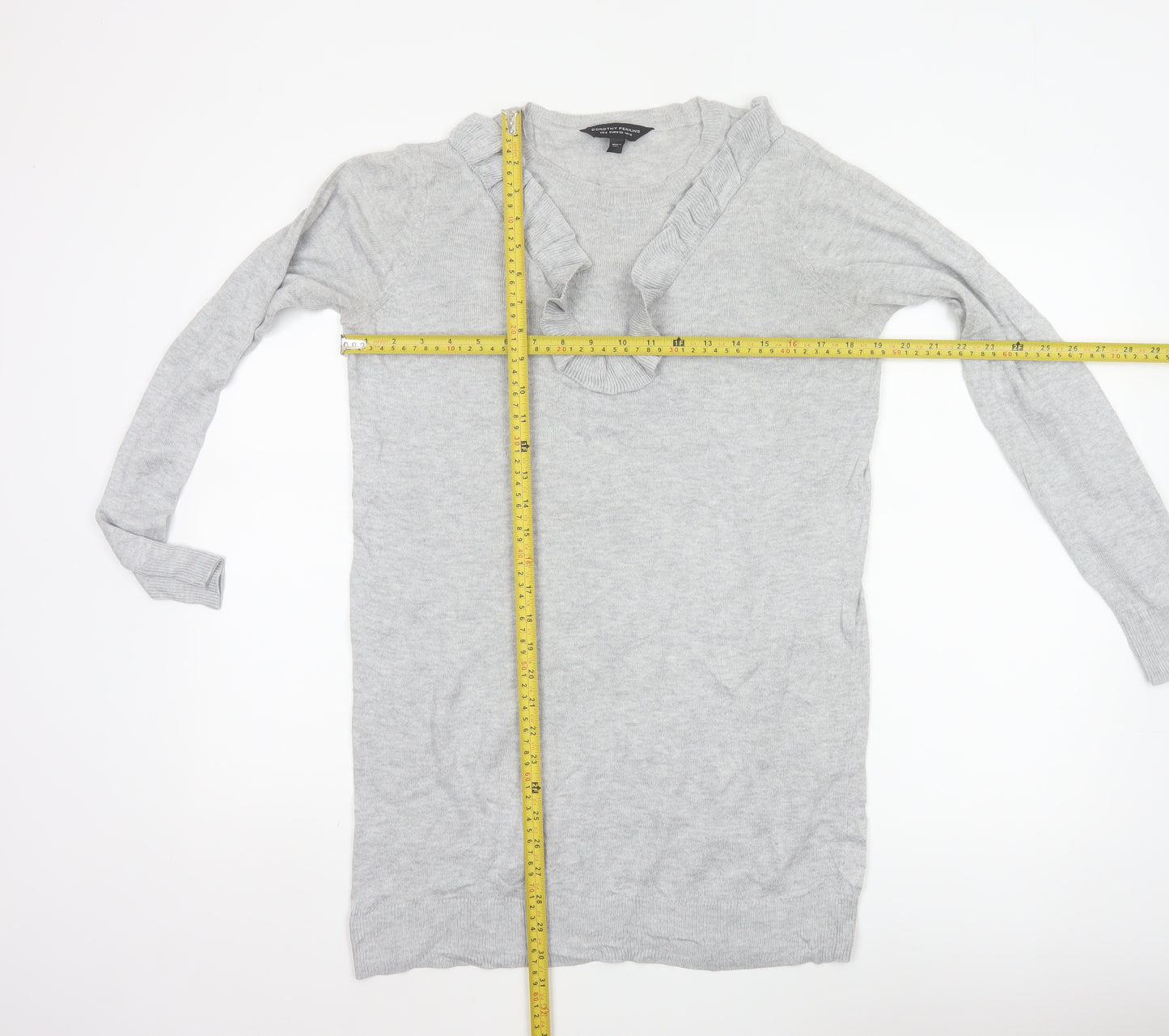Dorothy Perkins Women Grey UK 10 Ruffle V-Neck Longline Knit Jumper