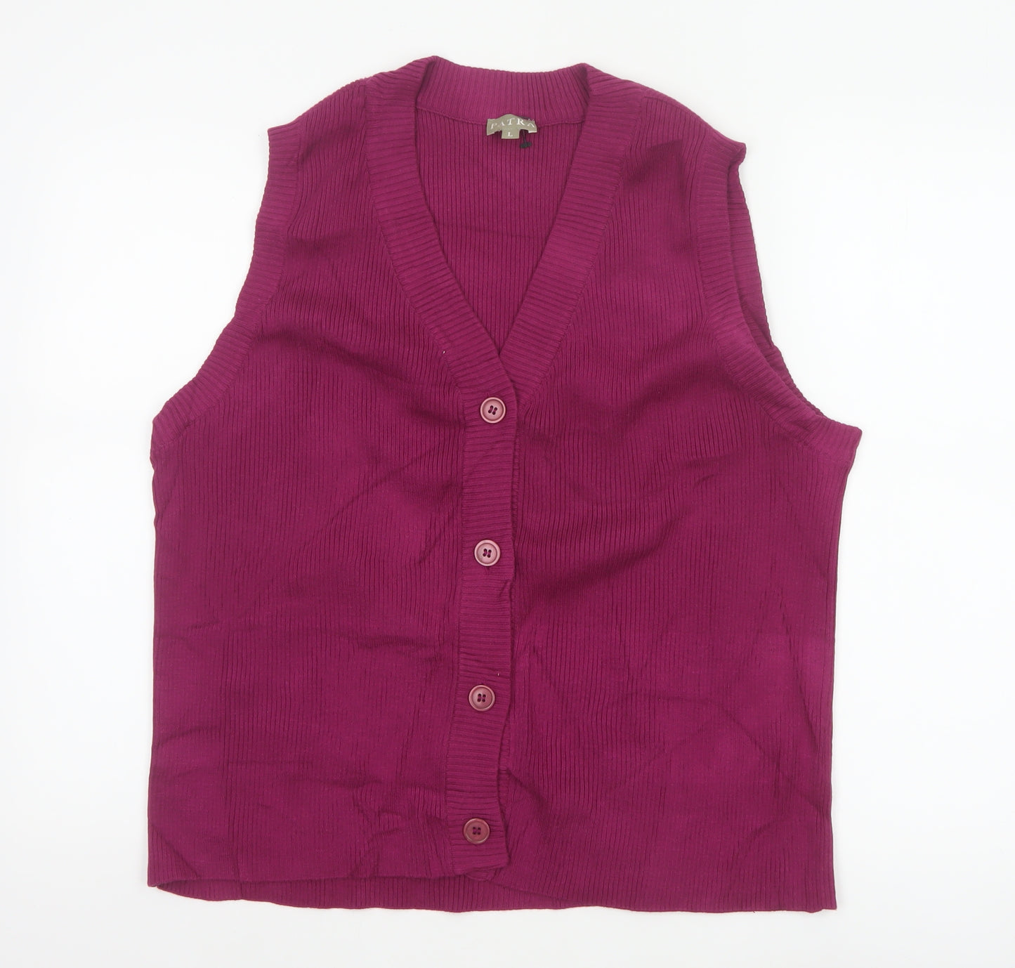 Patra Women Purple L Sleeveless V-Neck Rib Knit Button Vest Cardigan