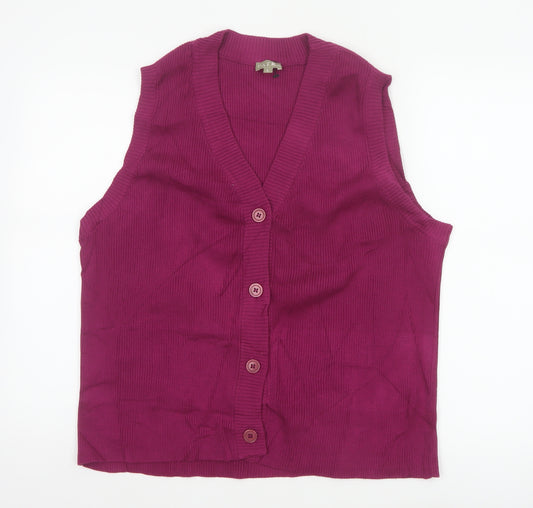 Patra Women Purple L Sleeveless V-Neck Rib Knit Button Vest Cardigan