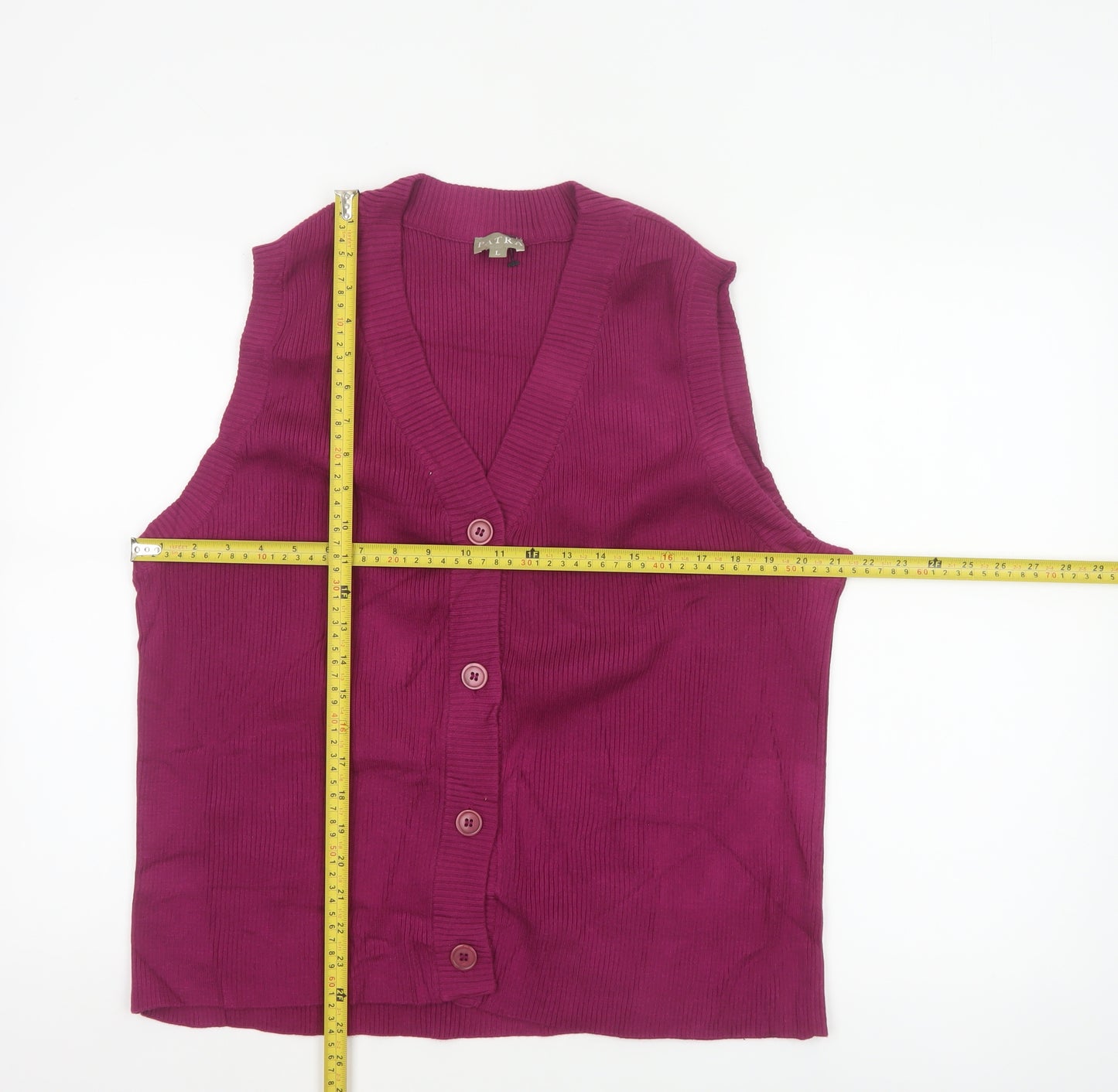 Patra Women Purple L Sleeveless V-Neck Rib Knit Button Vest Cardigan