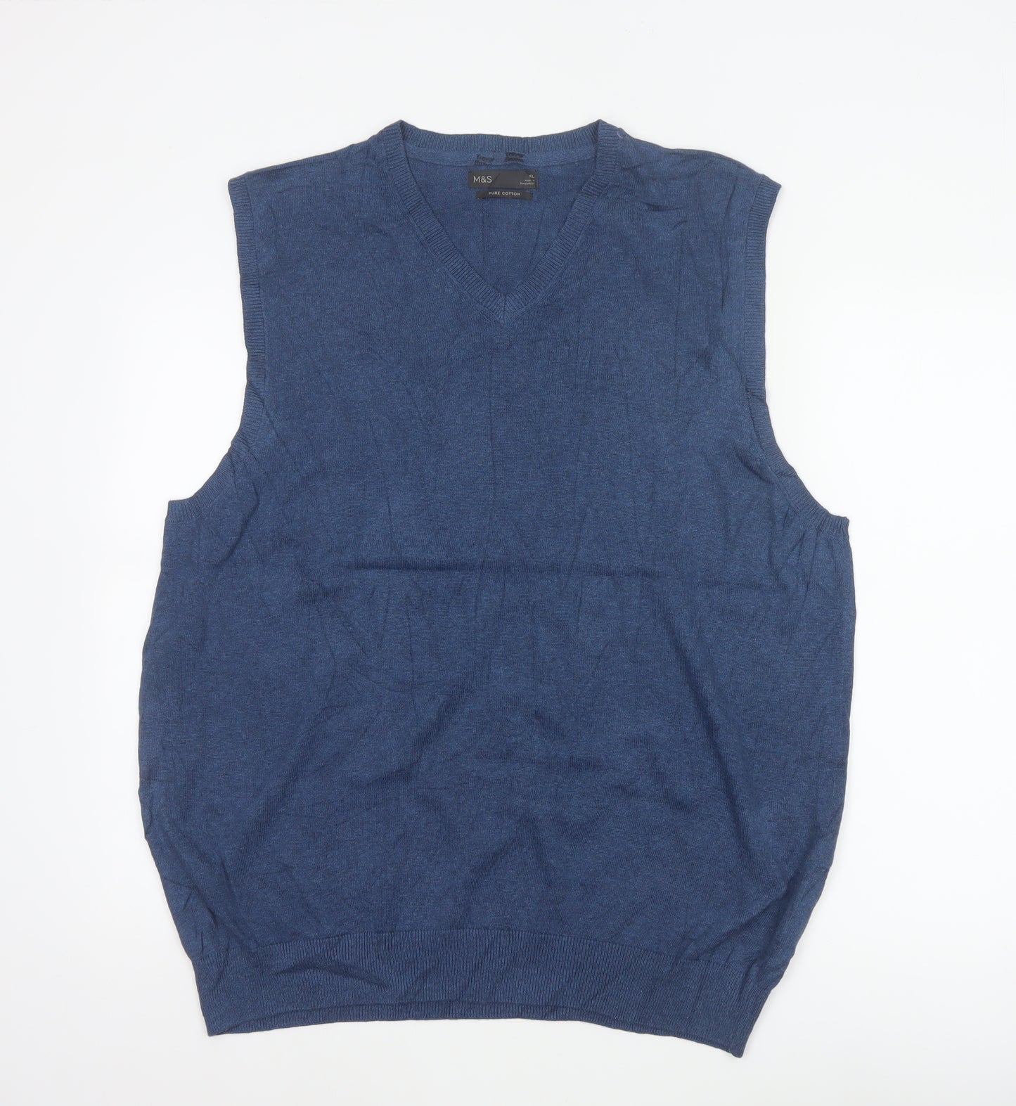 Marks and Spencer Men's Blue XL V-Neck Pure Cotton Knit Vest