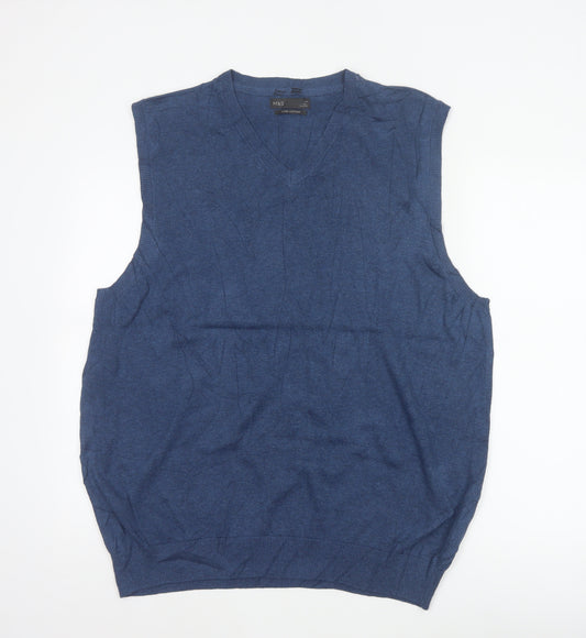 Marks and Spencer Men's Blue XL V-Neck Pure Cotton Knit Vest
