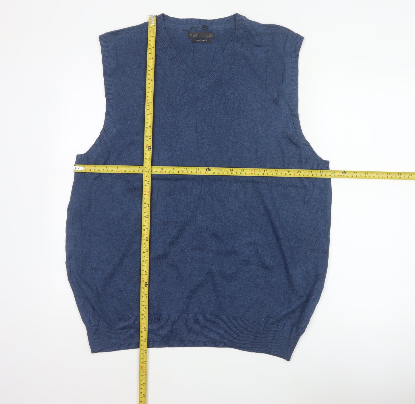 Marks and Spencer Men's Blue XL V-Neck Pure Cotton Knit Vest