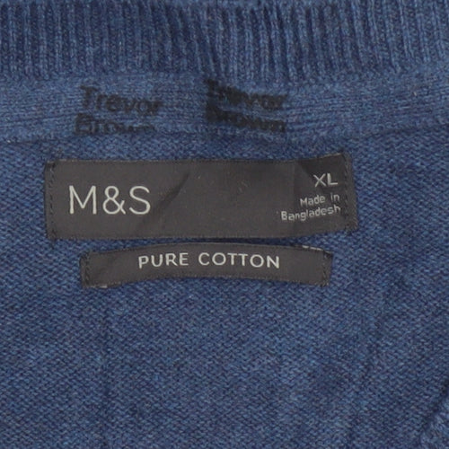 Marks and Spencer Men's Blue XL V-Neck Pure Cotton Knit Vest