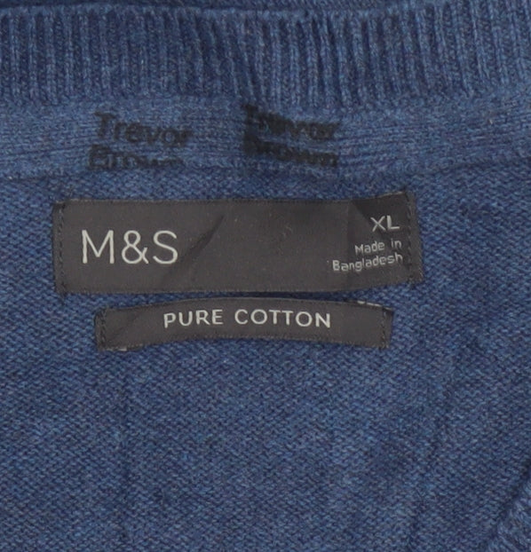 Marks and Spencer Men's Blue XL V-Neck Pure Cotton Knit Vest