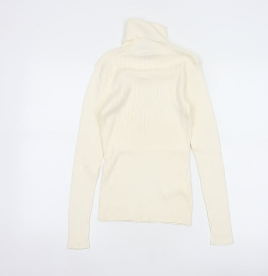 GAP Women Ivory XS Ribbed Roll Neck Slim Fit Cotton Jumper