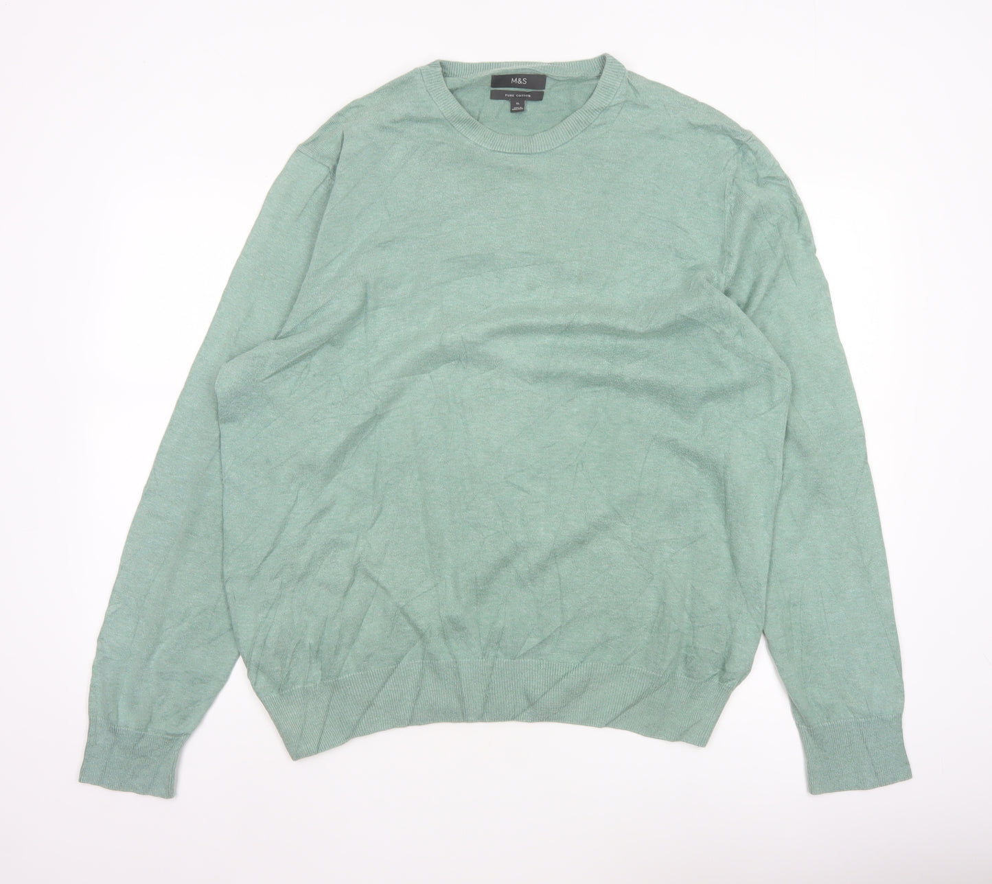 Marks and Spencer Men Green XL Pure Cotton Crew Neck Pullover Jumper