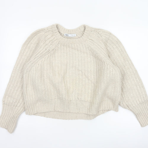 Zara Women Ivory L Chunky Cable Knit Crew Neck Raglan Jumper