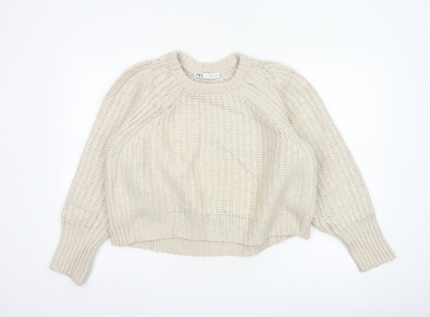 Zara Women Ivory L Chunky Cable Knit Crew Neck Raglan Jumper