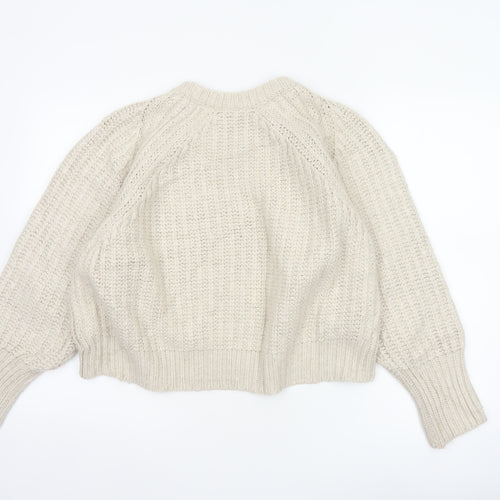 Zara Women Ivory L Chunky Cable Knit Crew Neck Raglan Jumper