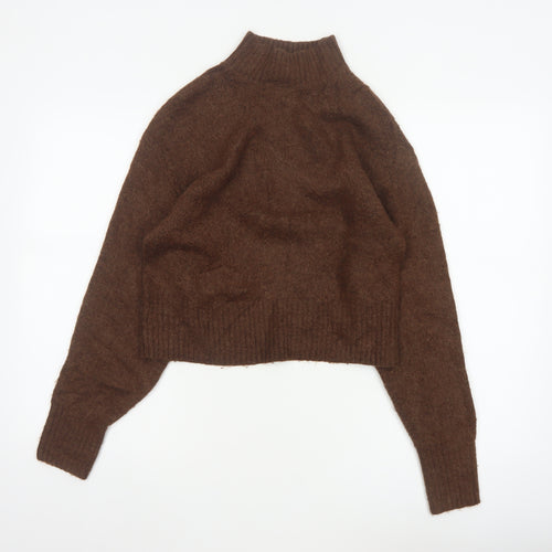 Monki Women Brown XS High Neck Knit Pullover Wool Blend Jumper