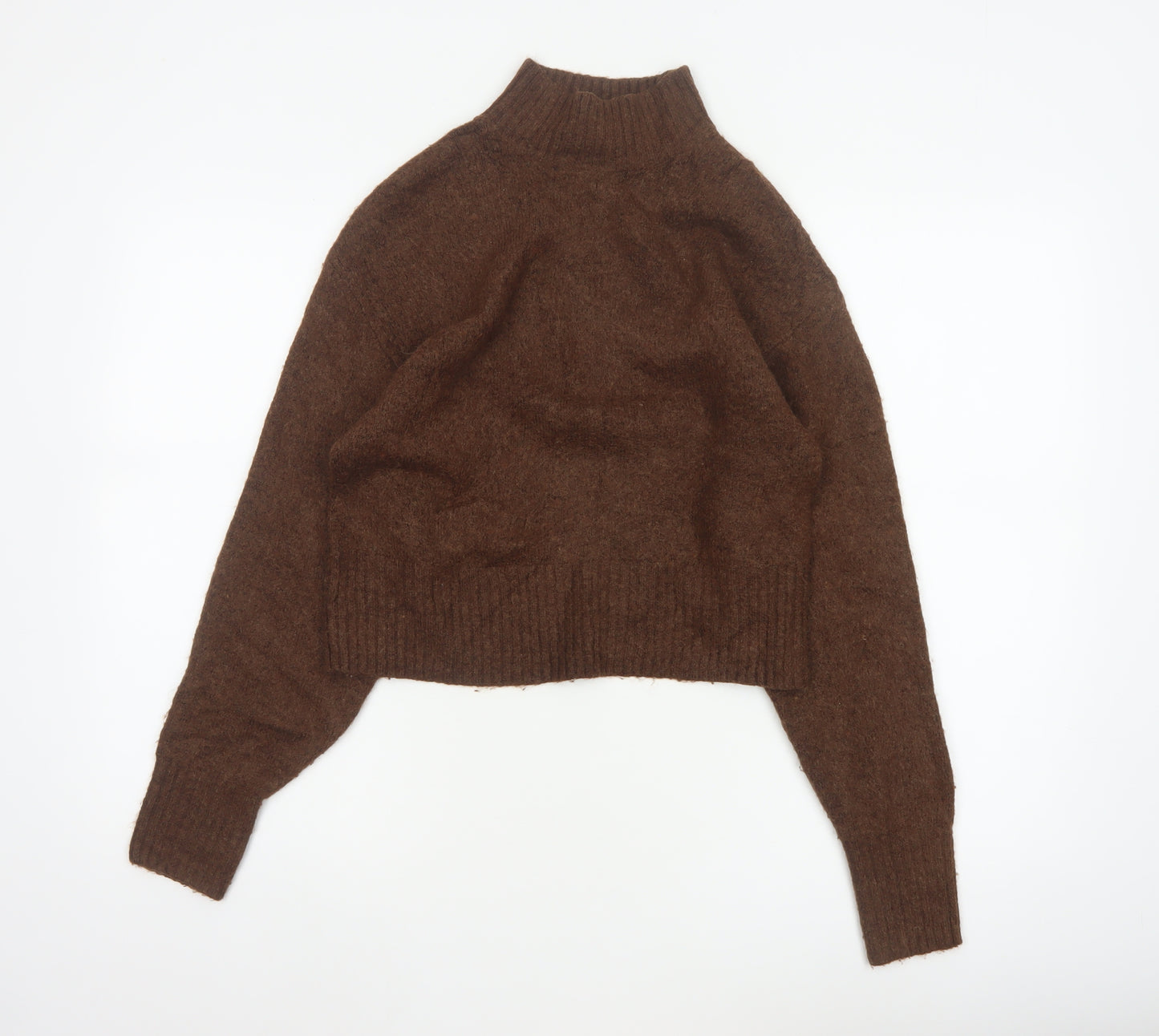 Monki Women Brown XS High Neck Knit Pullover Wool Blend Jumper