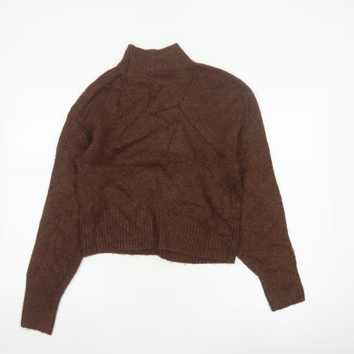 Monki Women Brown XS High Neck Knit Pullover Wool Blend Jumper