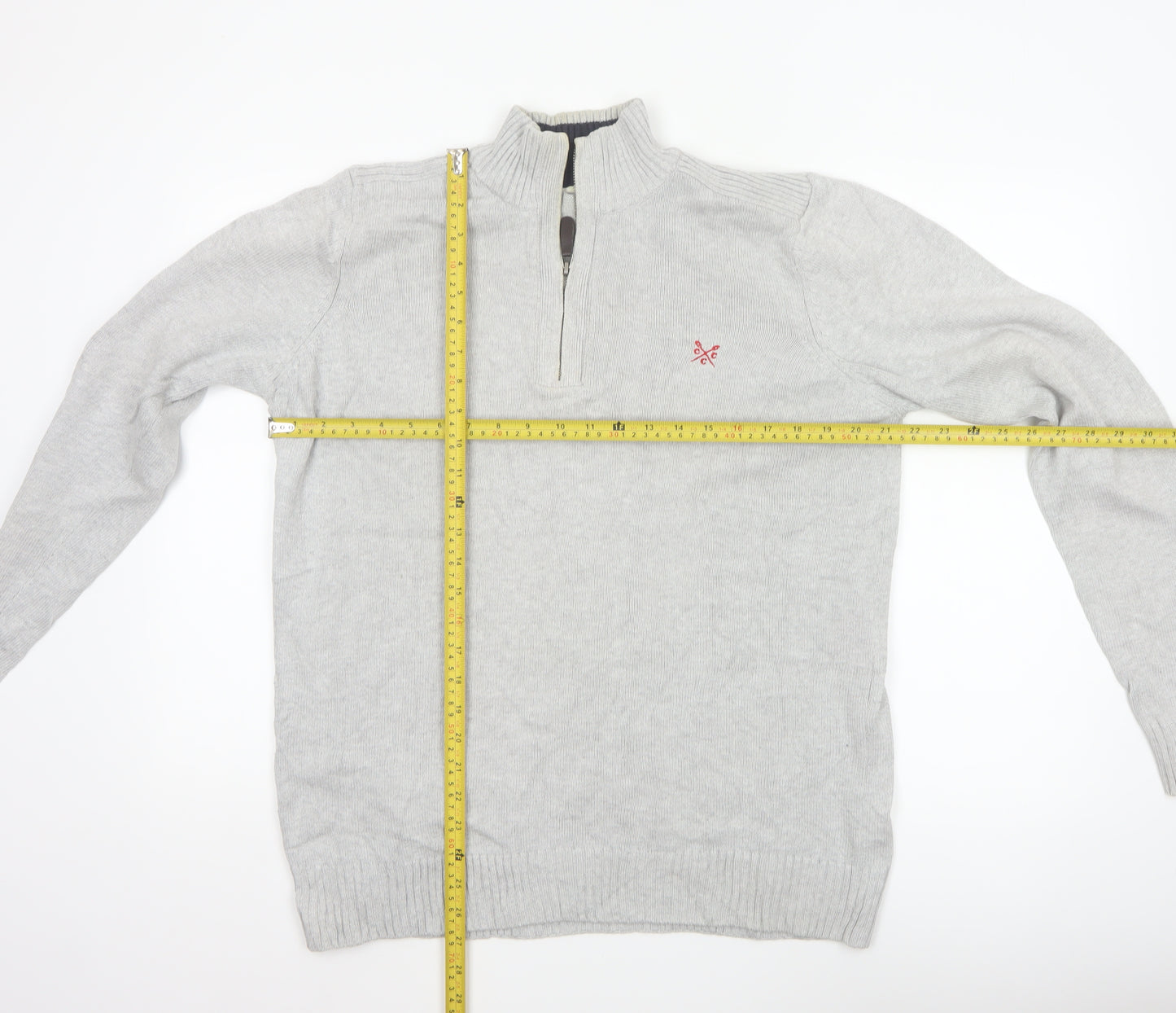 Crew Clothing Co Men's Grey L 1/4 Zip Cotton Knit Pullover Jumper