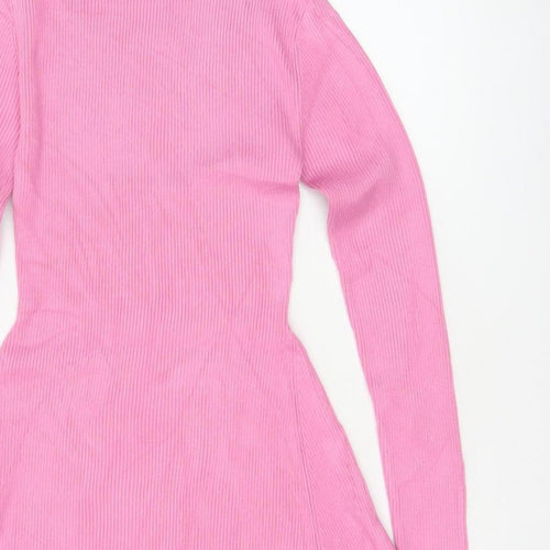 Zara Women Pink M Fit & Flare Rib Knit High Neck Long Sleeve Dress