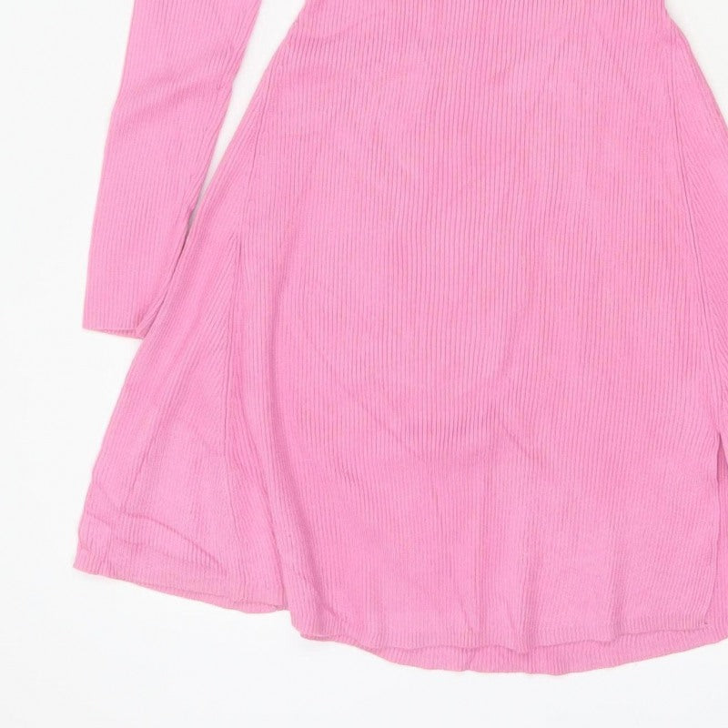 Zara Women Pink M Fit & Flare Rib Knit High Neck Long Sleeve Dress