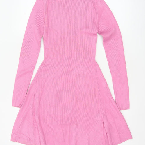 Zara Women Pink M Fit & Flare Rib Knit High Neck Long Sleeve Dress