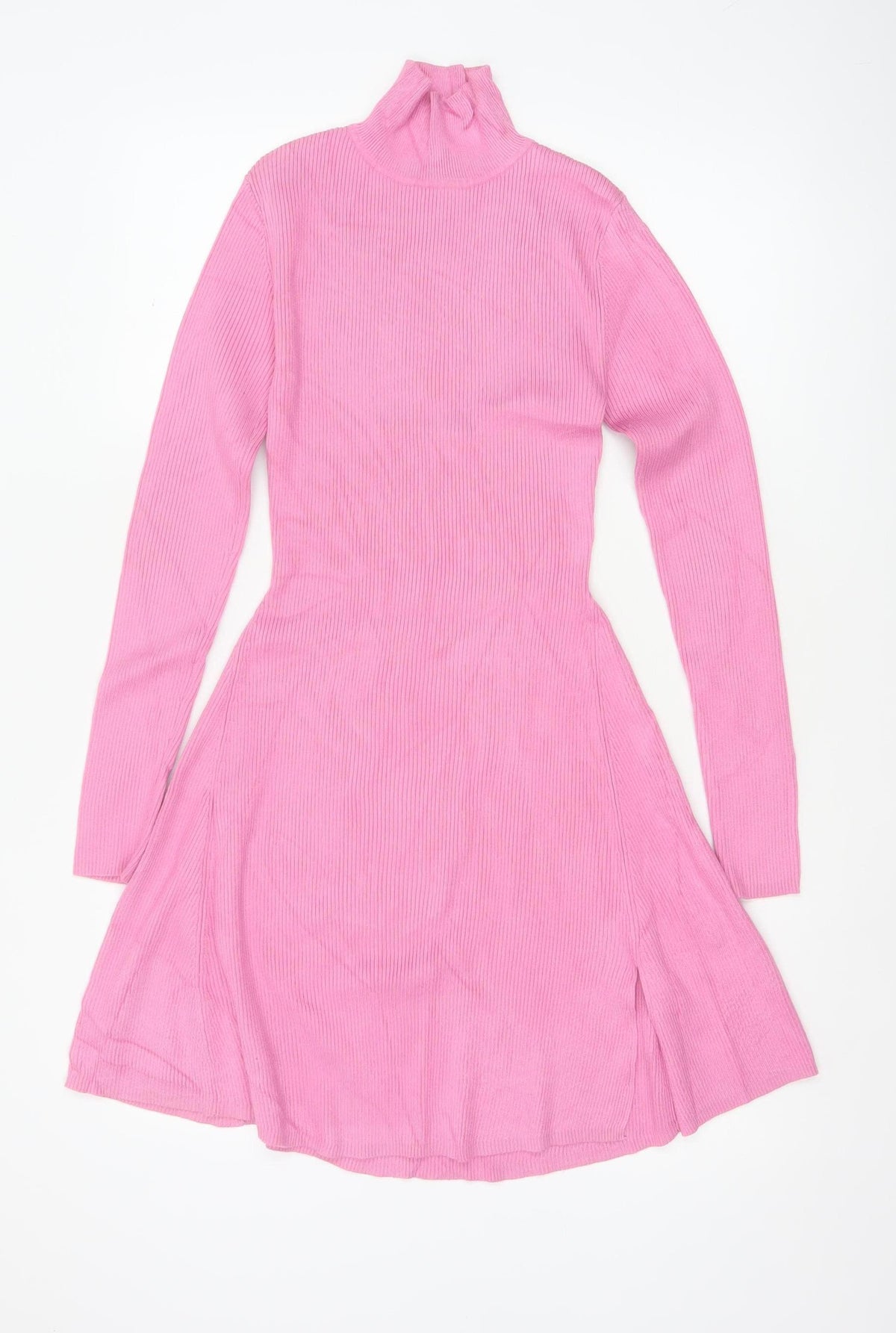 Zara Women Pink M Fit & Flare Rib Knit High Neck Long Sleeve Dress