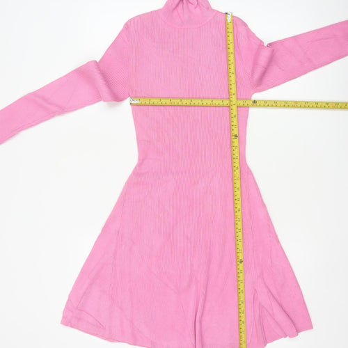 Zara Women Pink M Fit & Flare Rib Knit High Neck Long Sleeve Dress