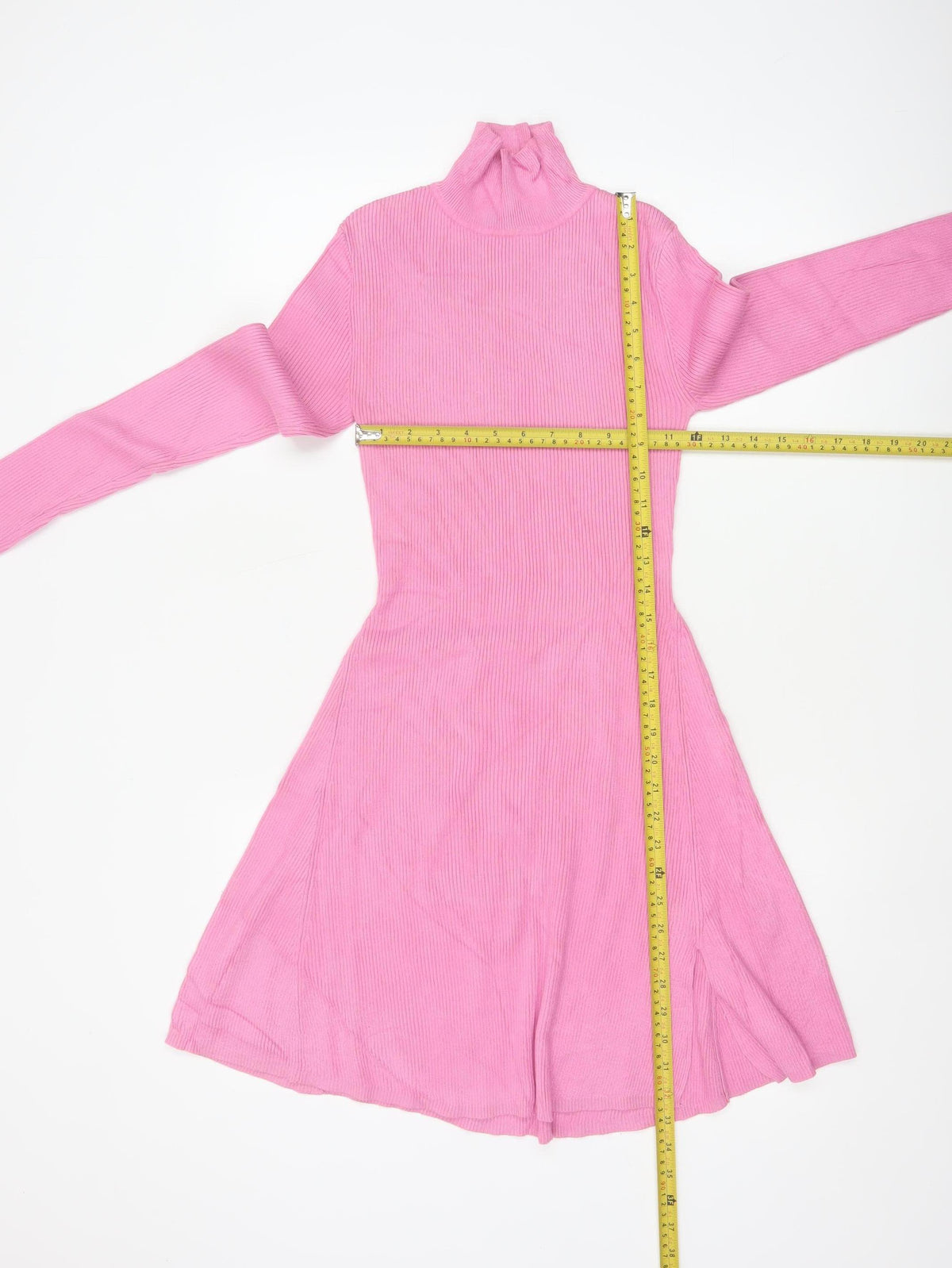 Zara Women Pink M Fit & Flare Rib Knit High Neck Long Sleeve Dress