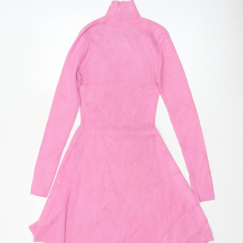Zara Women Pink M Fit & Flare Rib Knit High Neck Long Sleeve Dress
