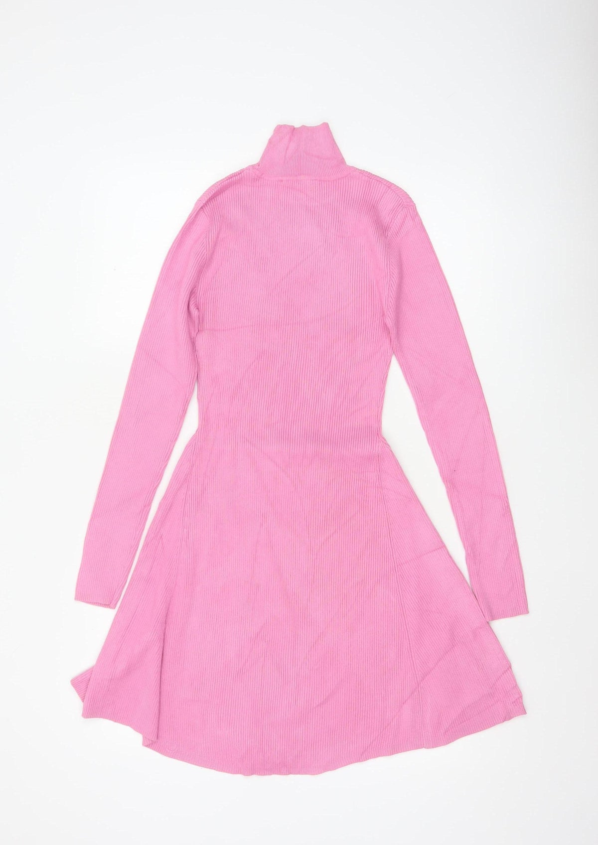 Zara Women Pink M Fit & Flare Rib Knit High Neck Long Sleeve Dress