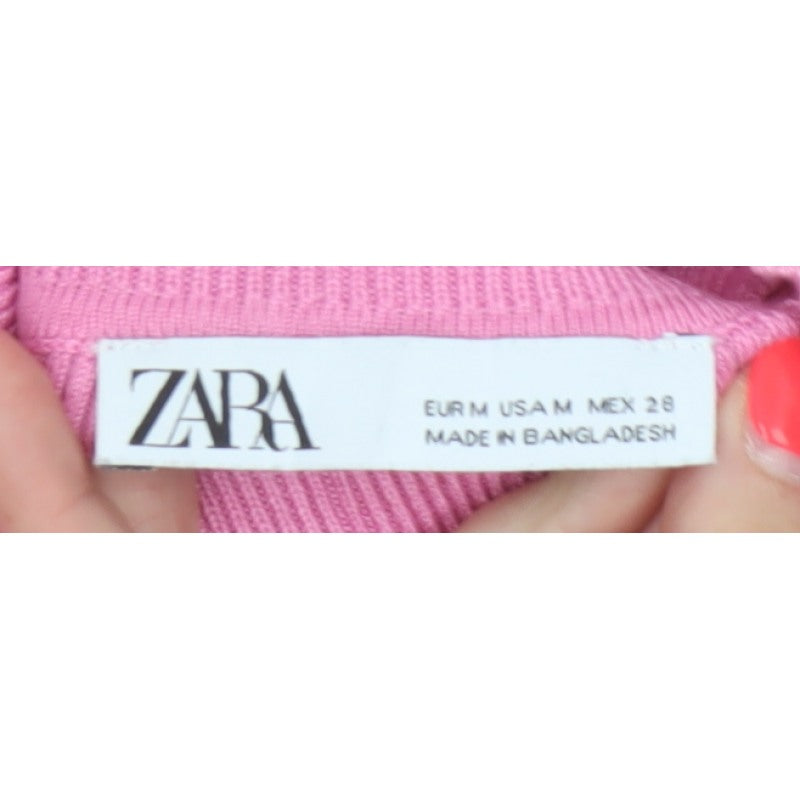 Zara Women Pink M Fit & Flare Rib Knit High Neck Long Sleeve Dress