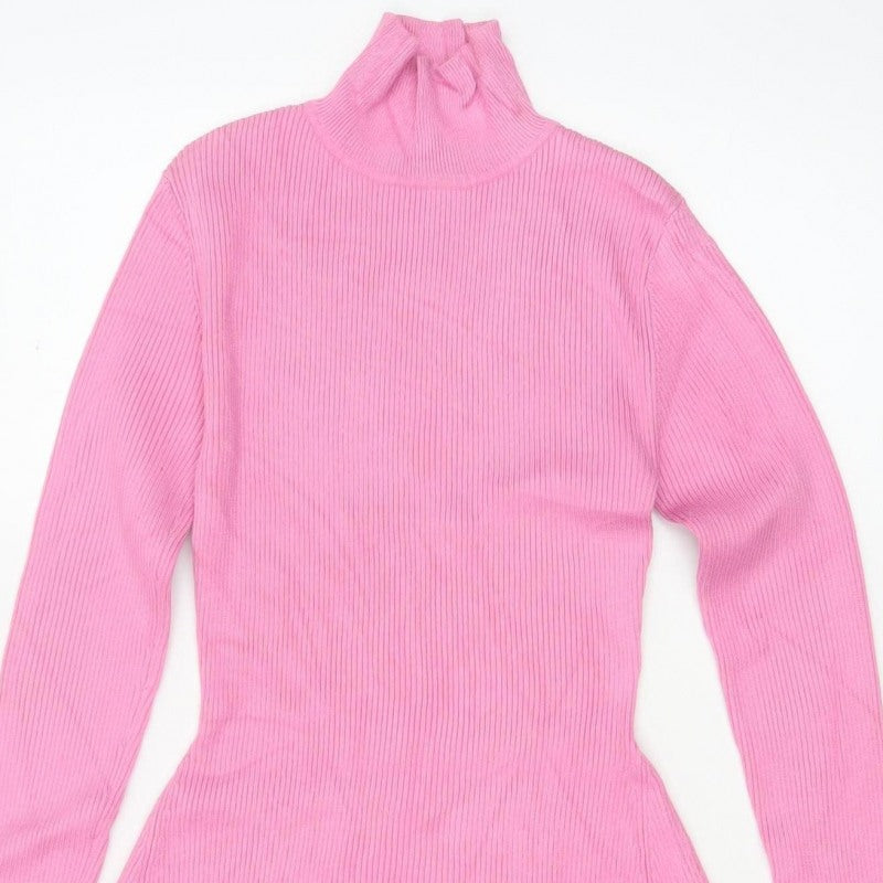 Zara Women Pink M Fit & Flare Rib Knit High Neck Long Sleeve Dress