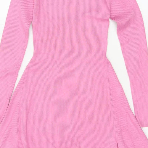 Zara Women Pink M Fit & Flare Rib Knit High Neck Long Sleeve Dress