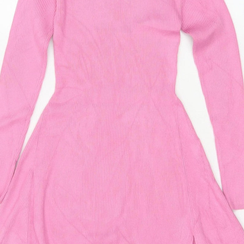Zara Women Pink M Fit & Flare Rib Knit High Neck Long Sleeve Dress