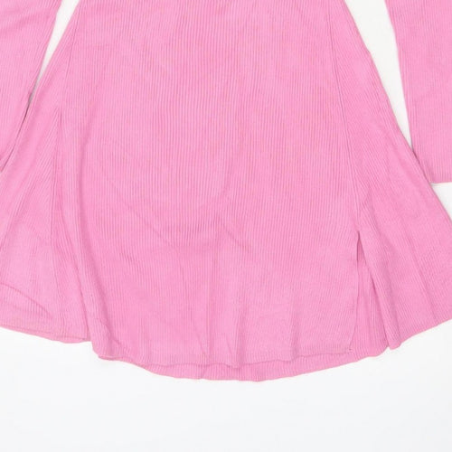 Zara Women Pink M Fit & Flare Rib Knit High Neck Long Sleeve Dress