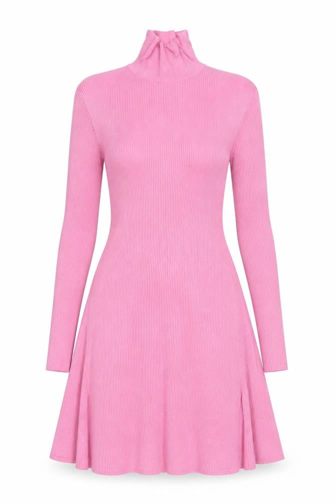 Zara Women Pink M Fit & Flare Rib Knit High Neck Long Sleeve Dress