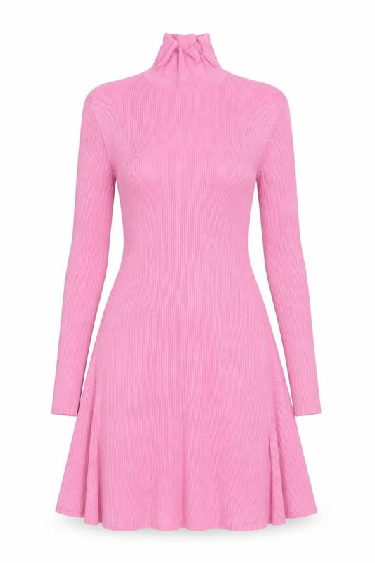Front view of Zara Women Pink M Fit & Flare Rib Knit High Neck Long Sleeve Dress